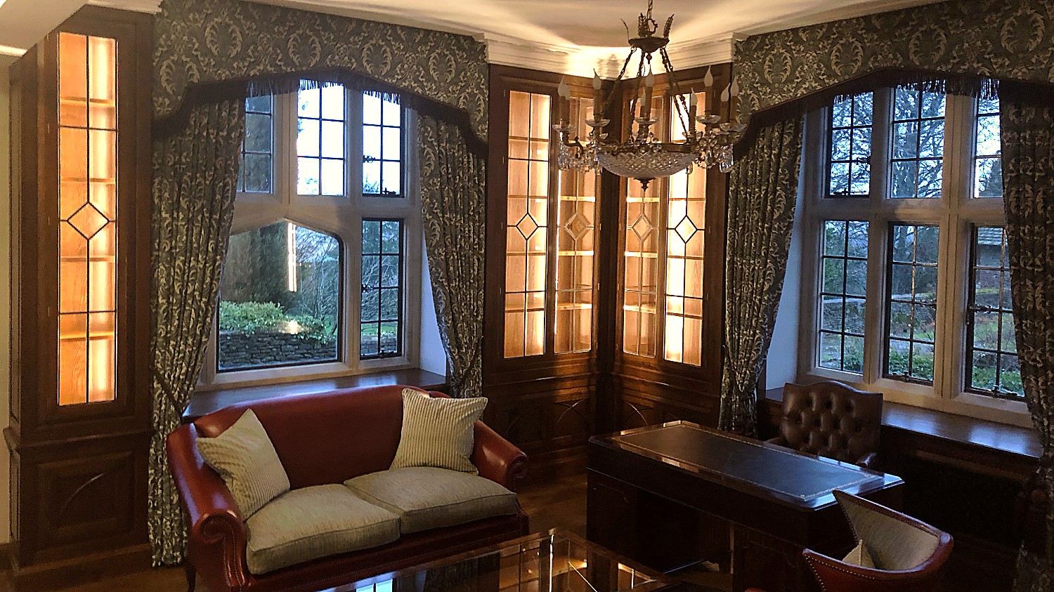 Bespoke Home Office & Study Furniture — Hand-Made Fitted Desks 1 Bespoke home office bookcase with leaded glass cupboards