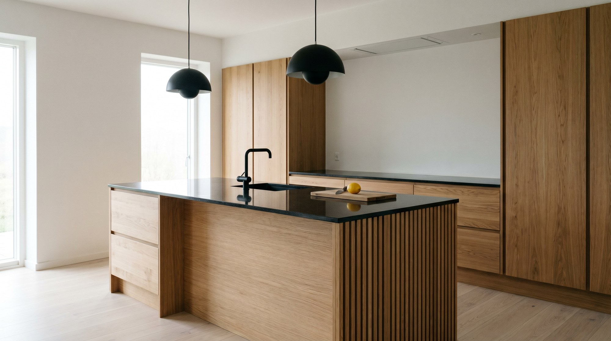 Bespoke Scandi Kitchens — Hand-Made in Oak 2 Pale oak Scandi-style kitchen with island and integrated appliances — Reeve & Co design inspiration
