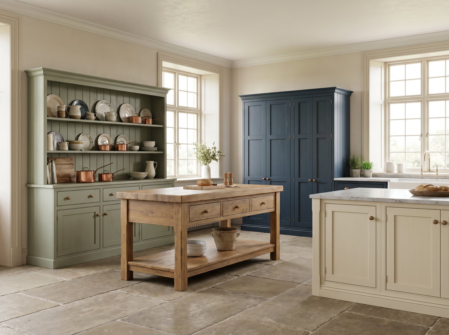 Freestanding Bespoke Kitchens 5 AI visual of a bespoke modular and freestanding kitchen with painted island and dresser