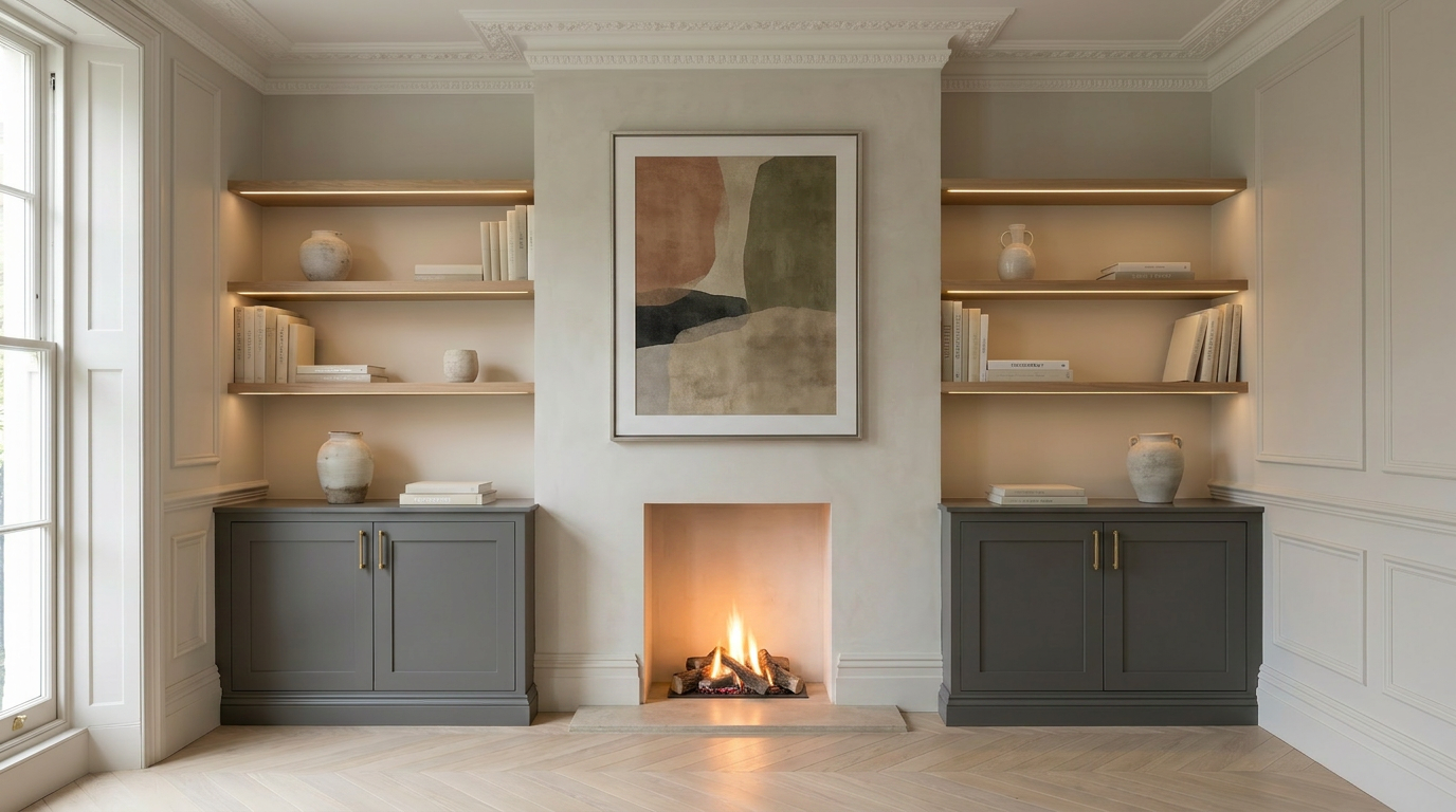 Bespoke alcove joinery with painted base cupboards, open display shelving, integrated lighting, a lit fireplace and framed abstract artwork in a refined period-room interior.