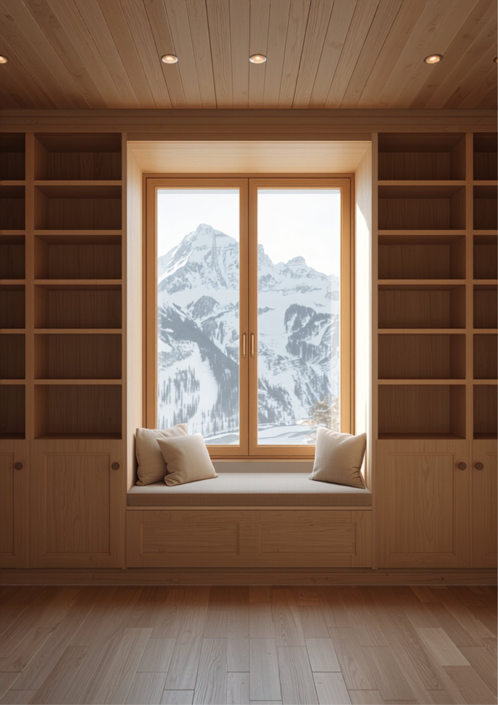 International Clients & Yachts 7 Alpine chalet with fitted oak bookcases and panelling — concept visualisation
