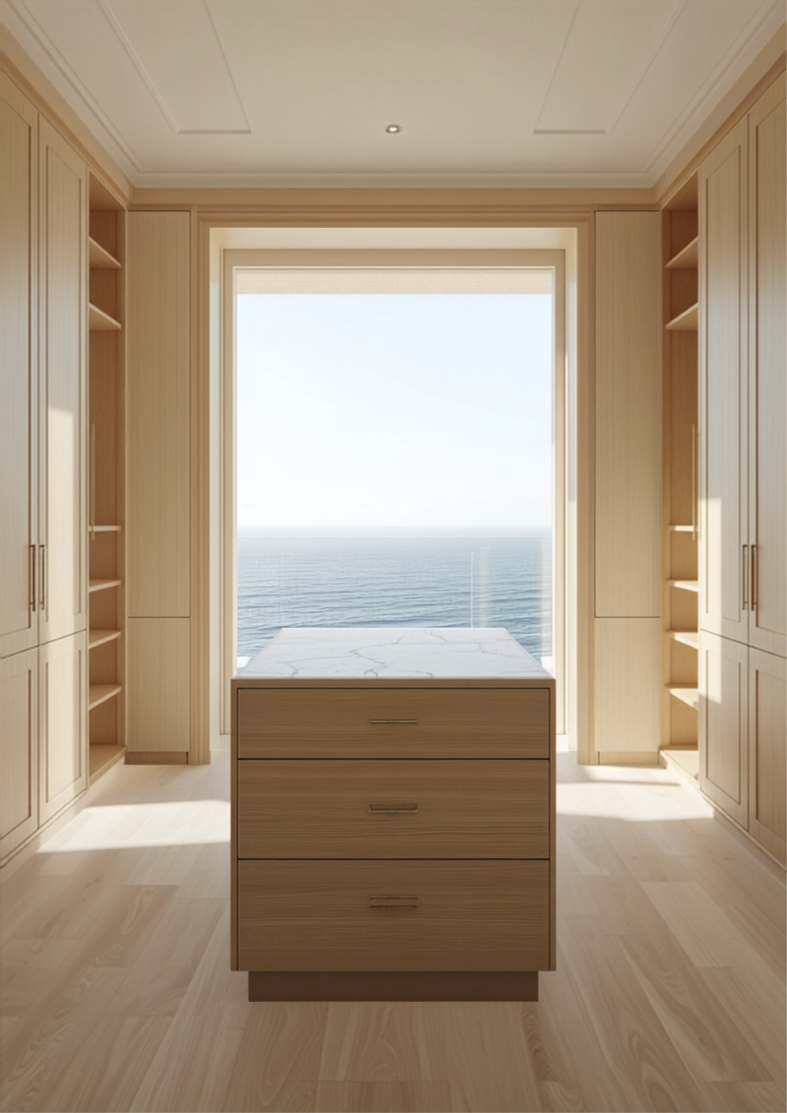 International Clients & Yachts 10 Coastal villa dressing room with limed oak fitted wardrobes — concept visualisation
