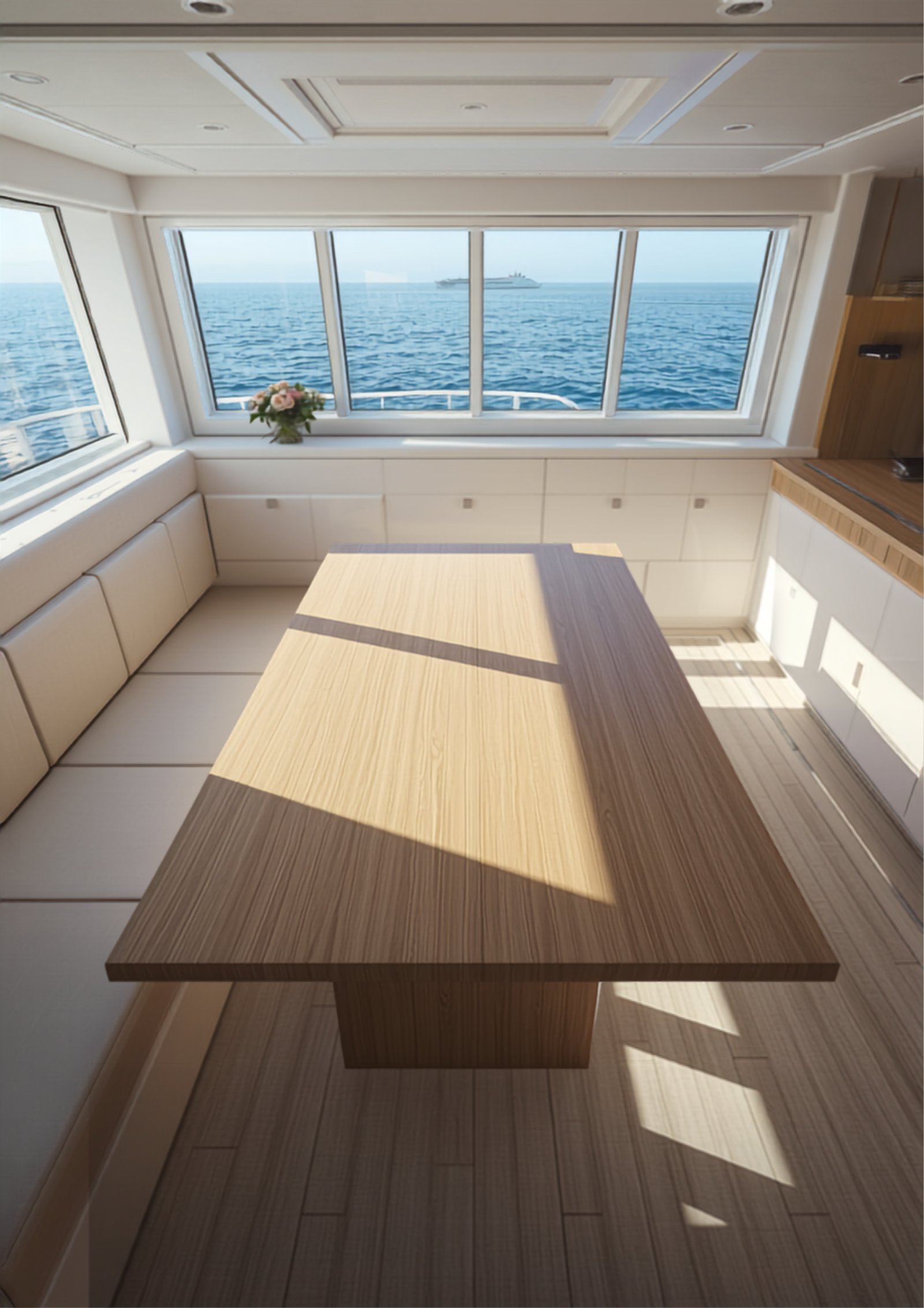 International Clients & Yachts 6 Bright superyacht dining room with ocean view — concept visualisation
