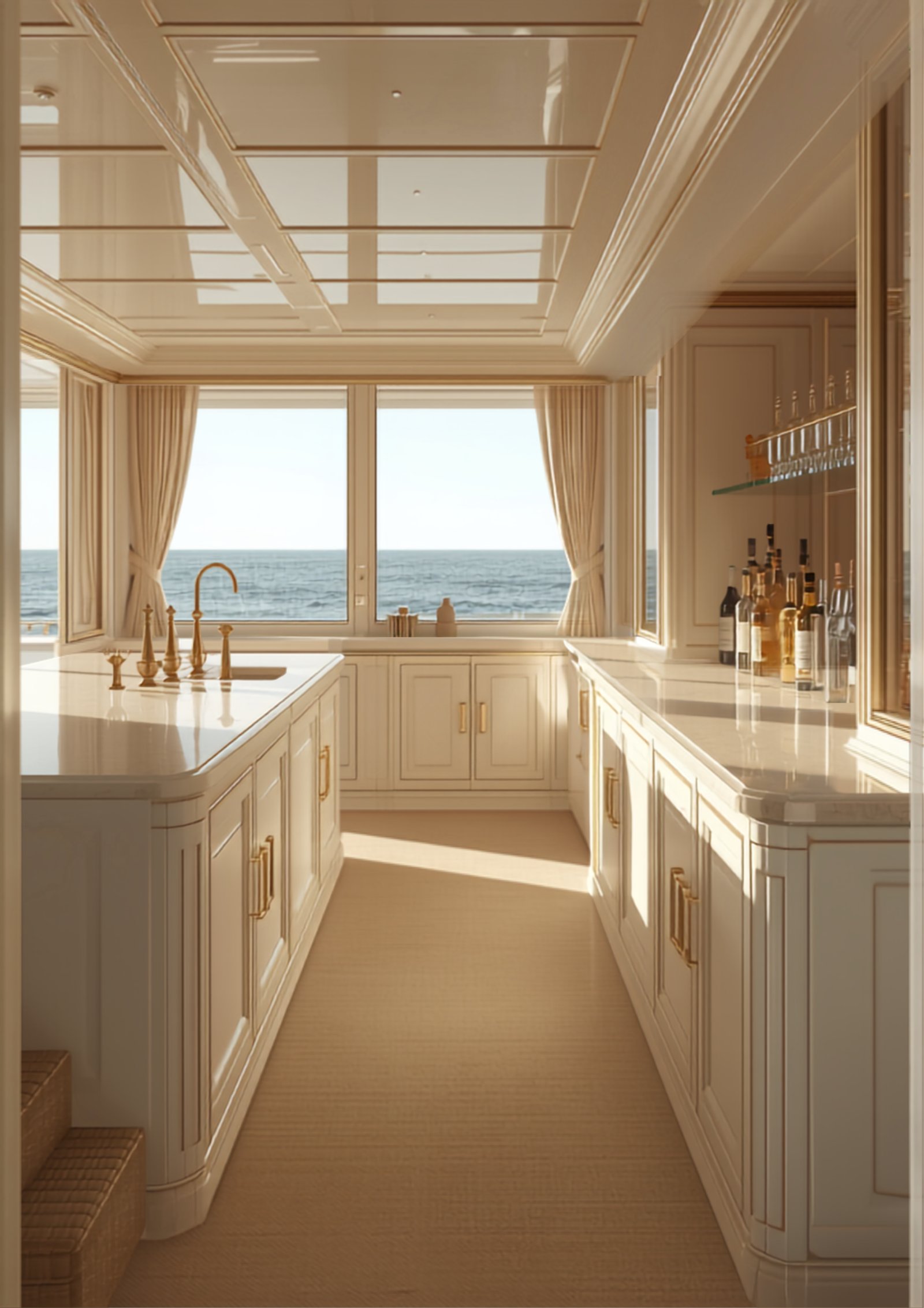 International Clients & Yachts 2 Airy superyacht saloon bar in pale oak and cream lacquer — concept visualisation by Reeve & Co