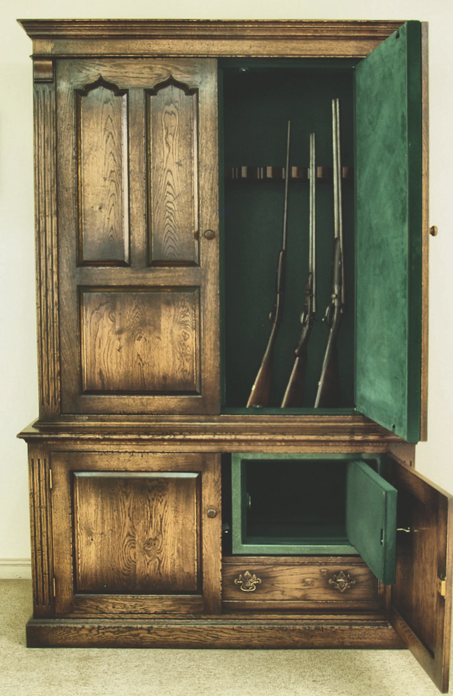 Oak Gun Cupboard with Separate Ammunition Storage 4 Oak gun cupboard, second view with doors open