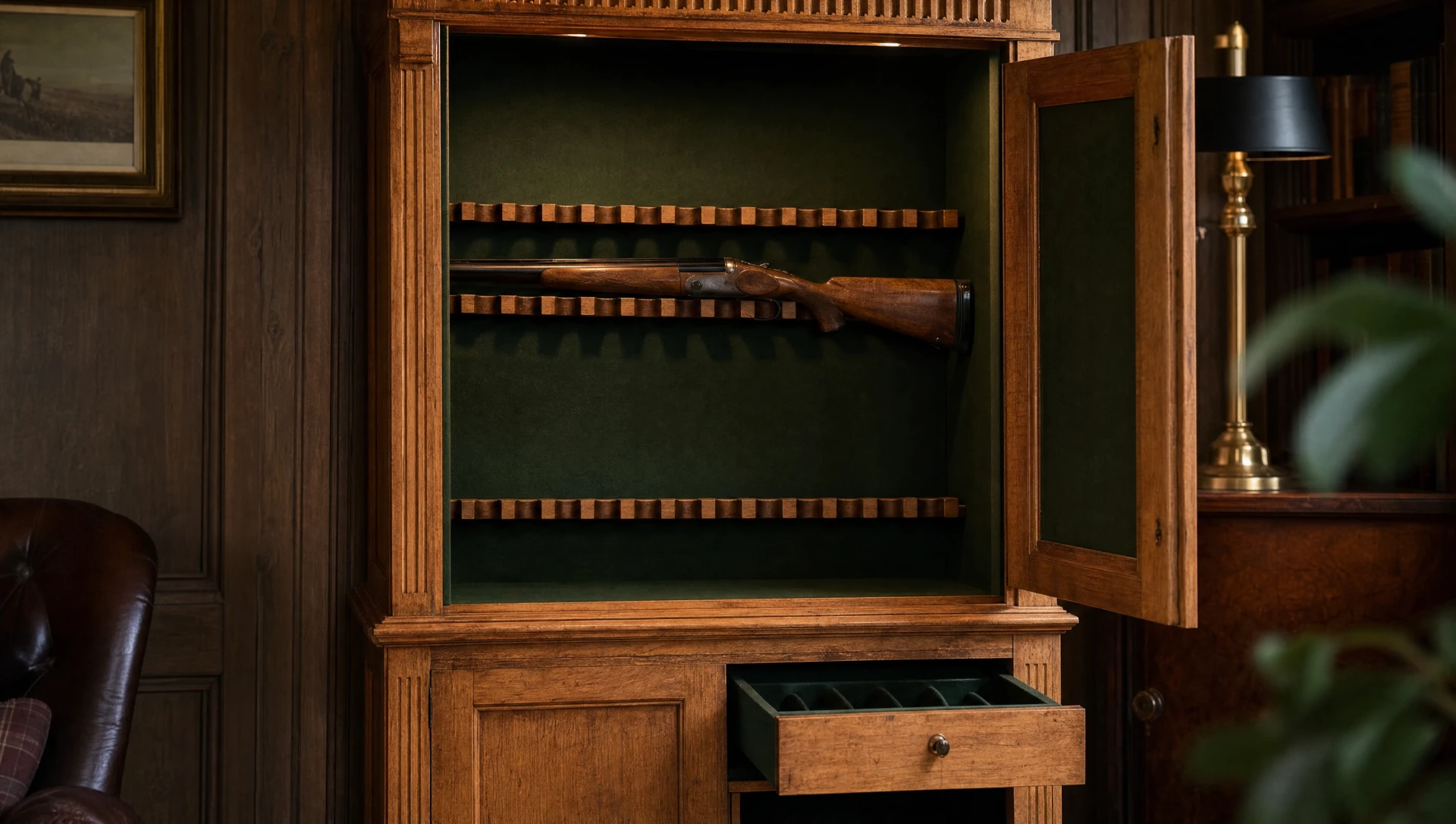Bespoke oak gun cabinet with the door open, showing the baize-lined interior, barrel rack and fitted drawer
