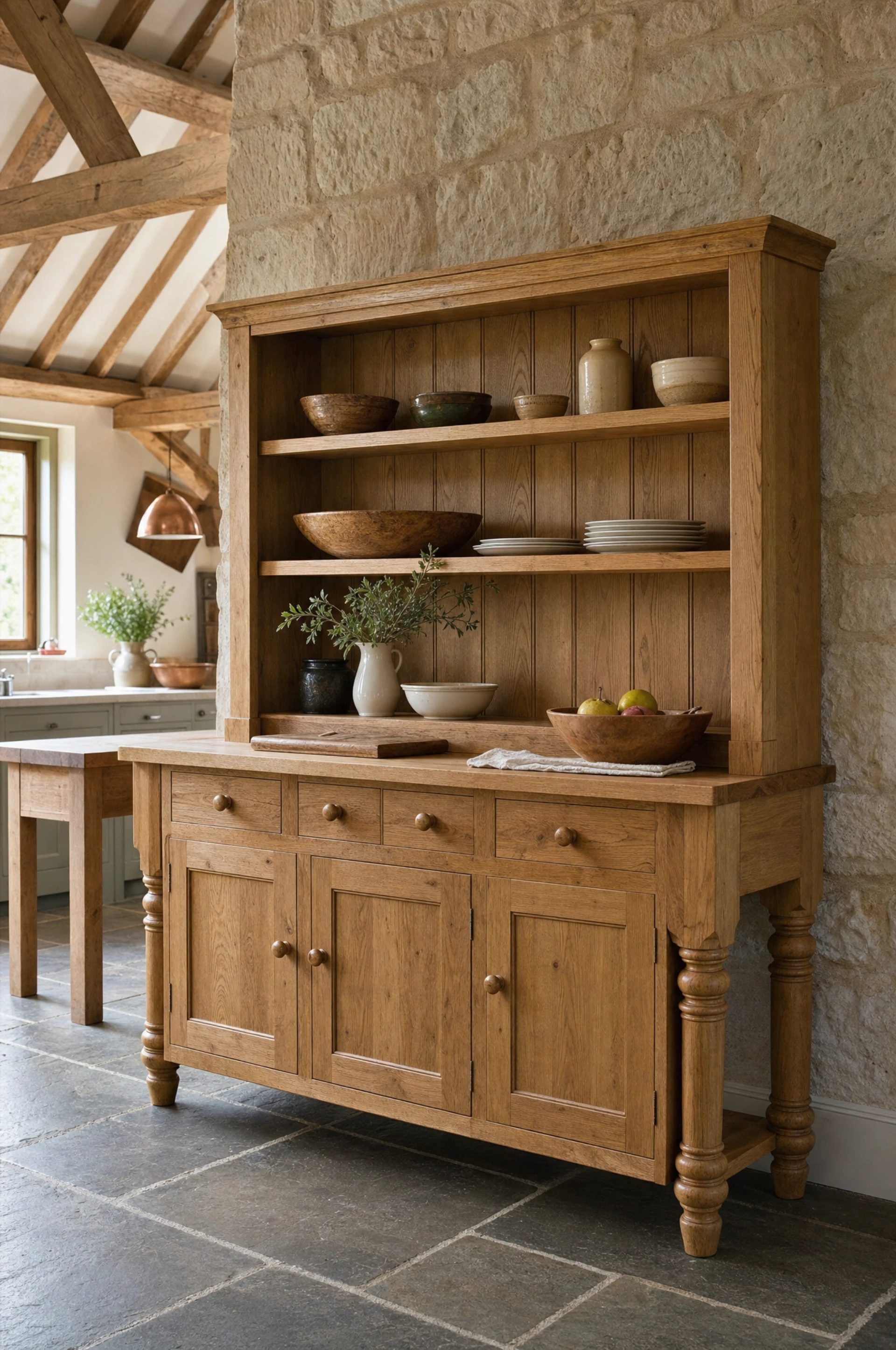Freestanding oak kitchen dresser with open shelving over a drawer base