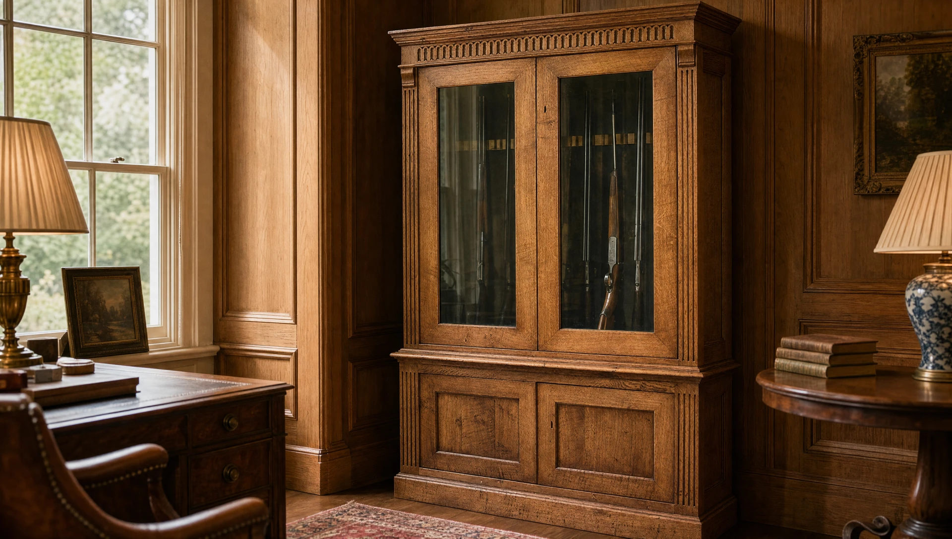 Glazed oak gun cabinet with dentil cornice and fluted pilasters in a panelled study