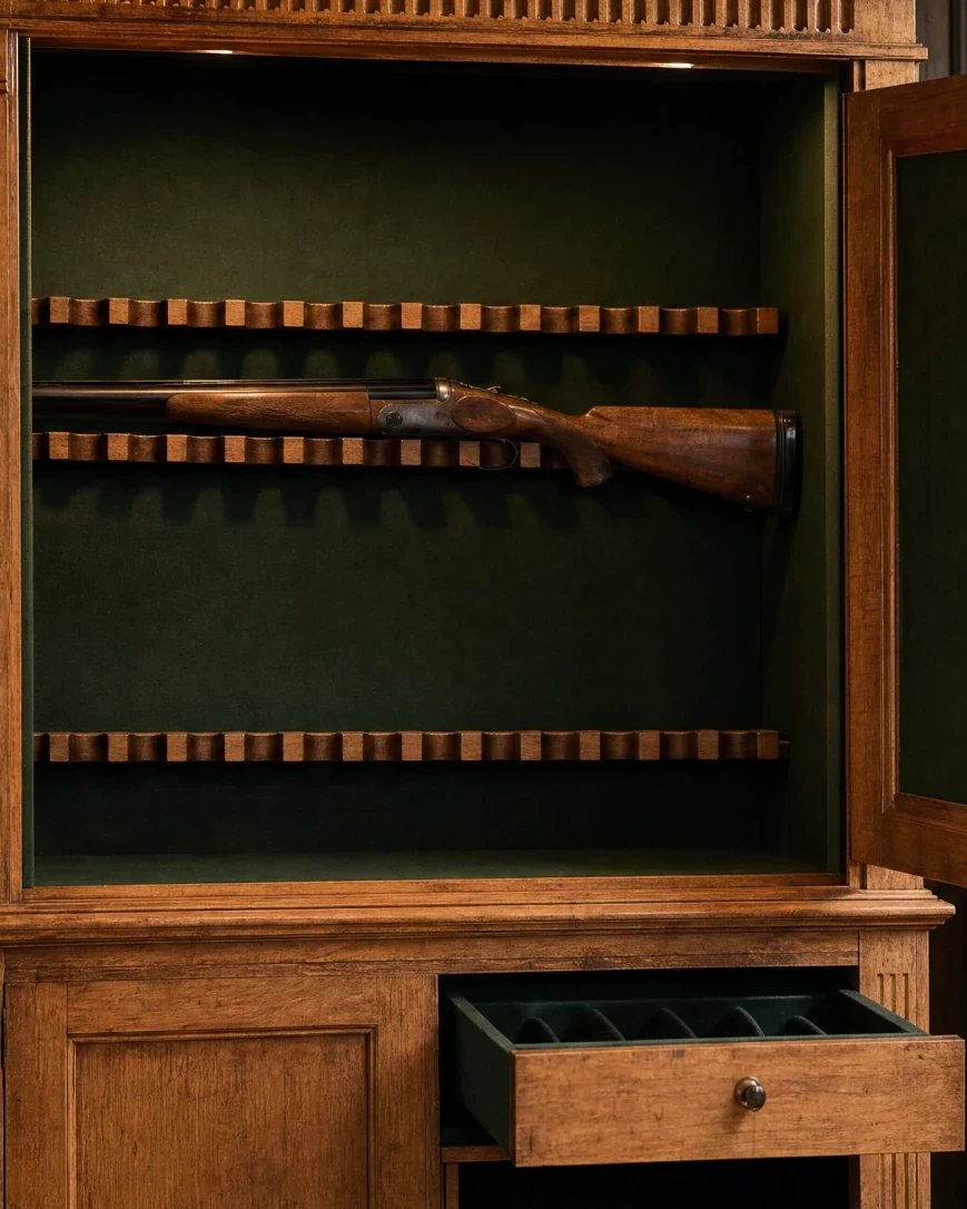 Gun cabinet interior showing the baize-lined barrel rack and ammunition drawer below