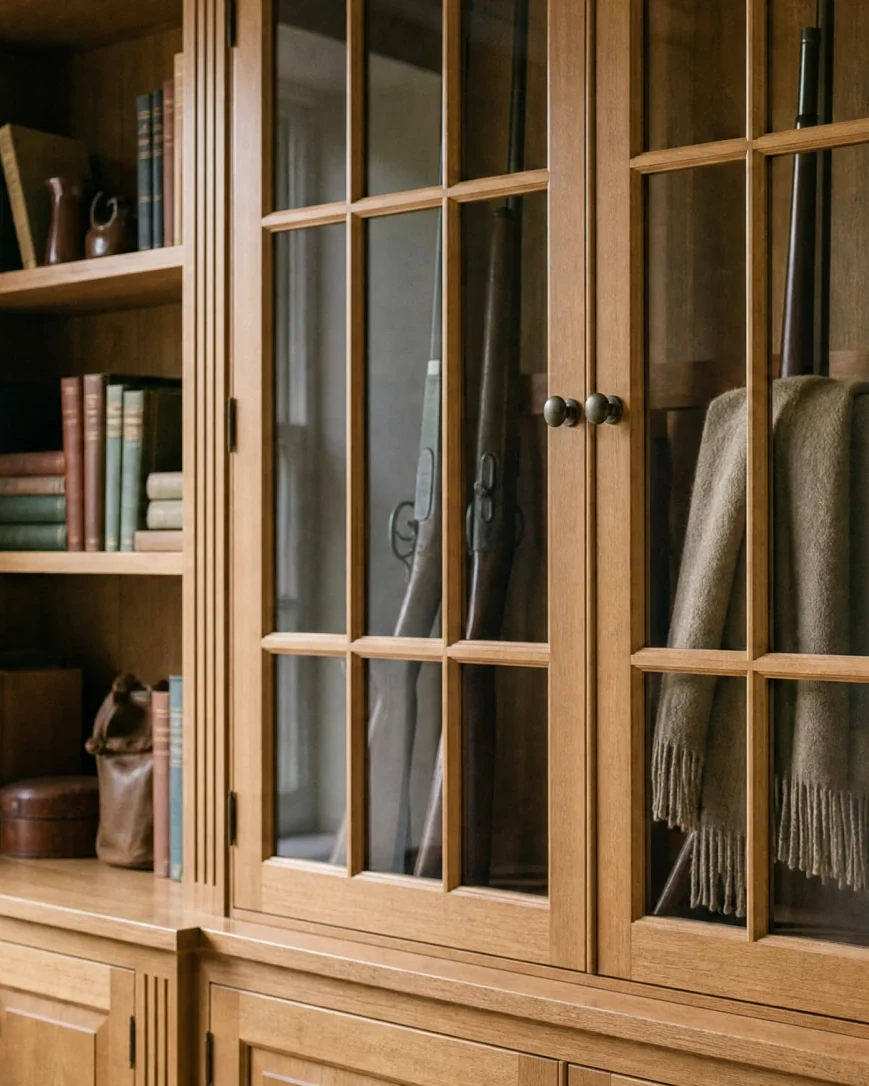 Glazed oak gun cabinet seen close to, showing the frame and glazing bars