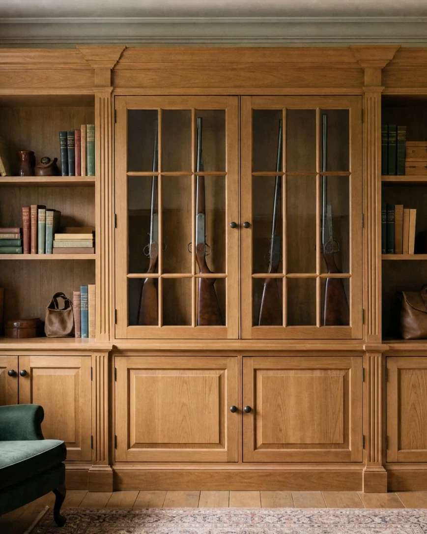 Glazed oak gun cabinet between fitted bookshelves, showing timber colour and finish