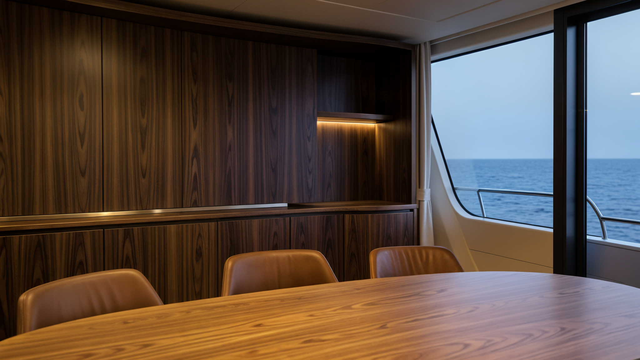 International Clients & Yachts 33 Concept visualisation of a superyacht dining saloon with bespoke curved joinery by Reeve & Co