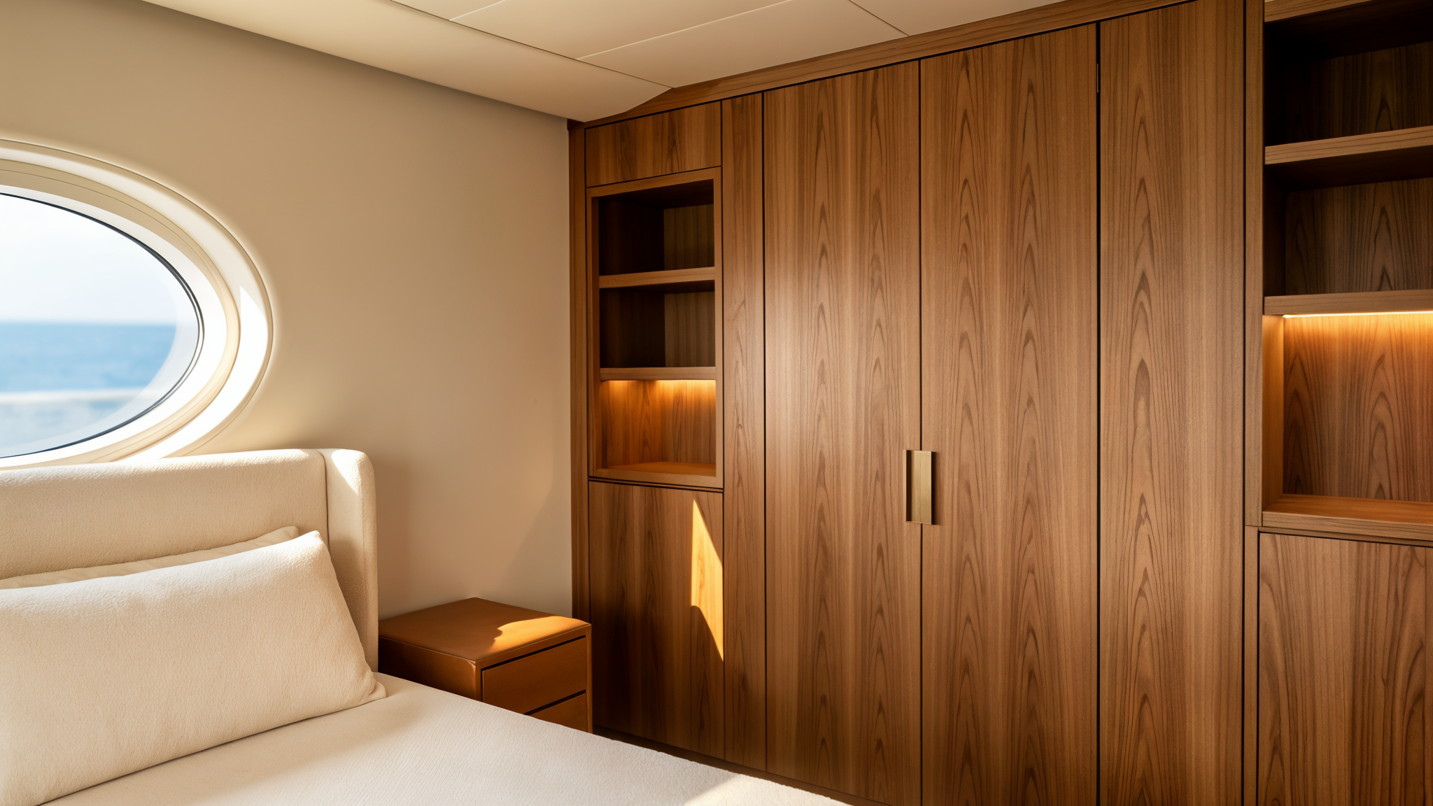 International Clients & Yachts 36 Concept visualisation of a yacht owner’s cabin with bespoke fitted wardrobes by Reeve & Co
