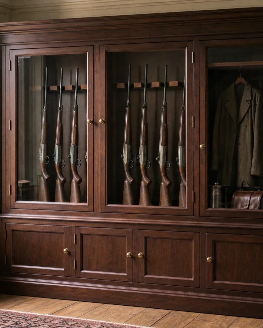 Solid timber-fronted gun cupboard with panelled doors and moulded cornice