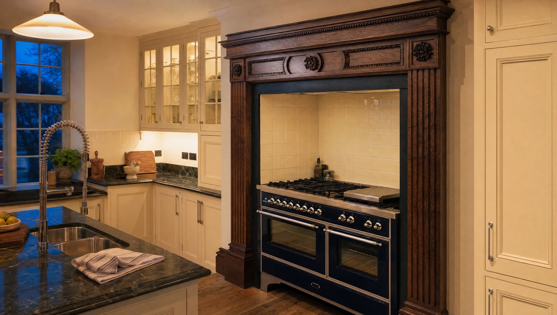 Country house shaker kitchen with a timber chimneypiece, lit for evening