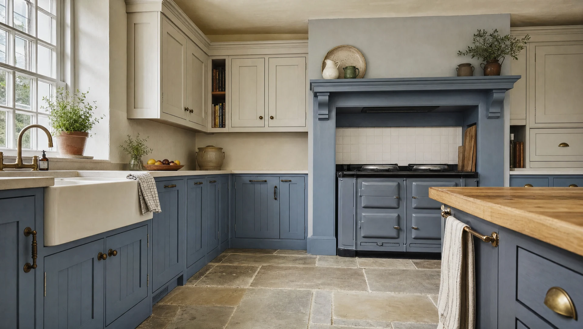 Painted shaker kitchen seen from the corner, with range and dresser