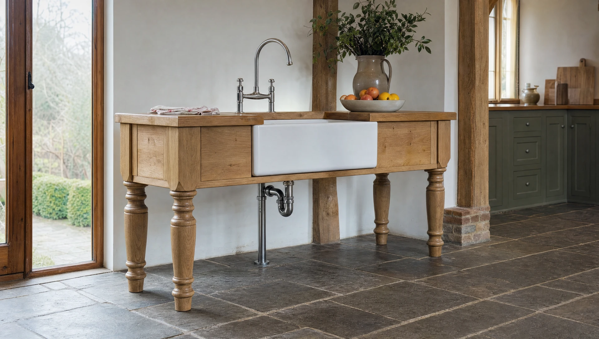 Freestanding sink stand in oak with a painted base
