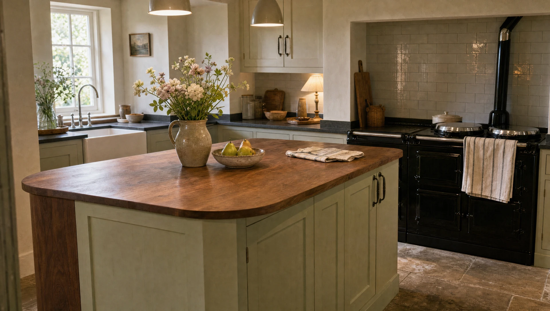 Shaker kitchen in sage green with a timber-topped island and range