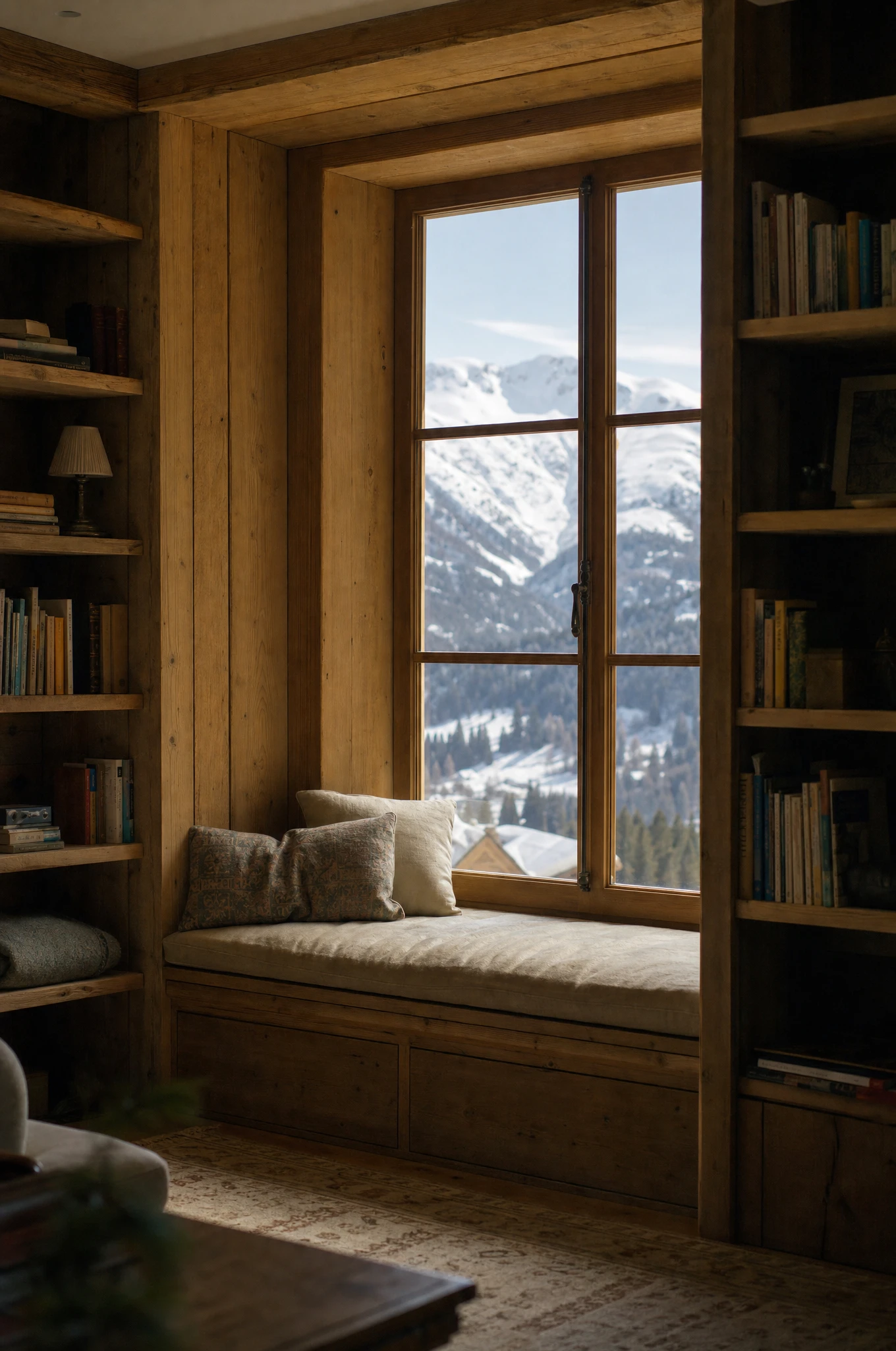 Built-in oak library and window seat overlooking the Alps — Reeve & Co design study