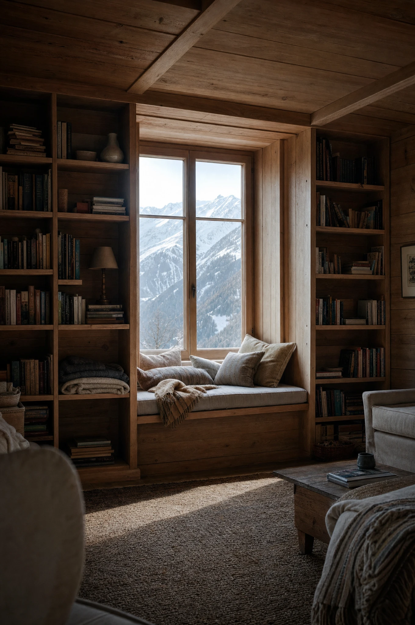 Built-in oak library and window seat overlooking the Alps — Reeve & Co design study