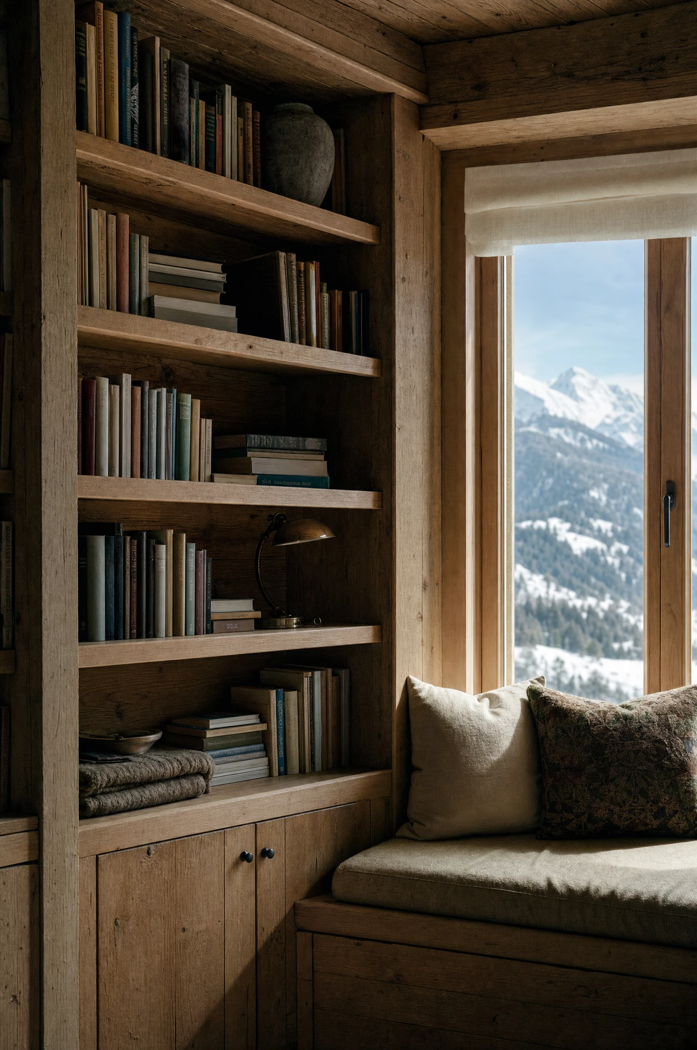 Built-in oak library and window seat overlooking the Alps — Reeve & Co design study