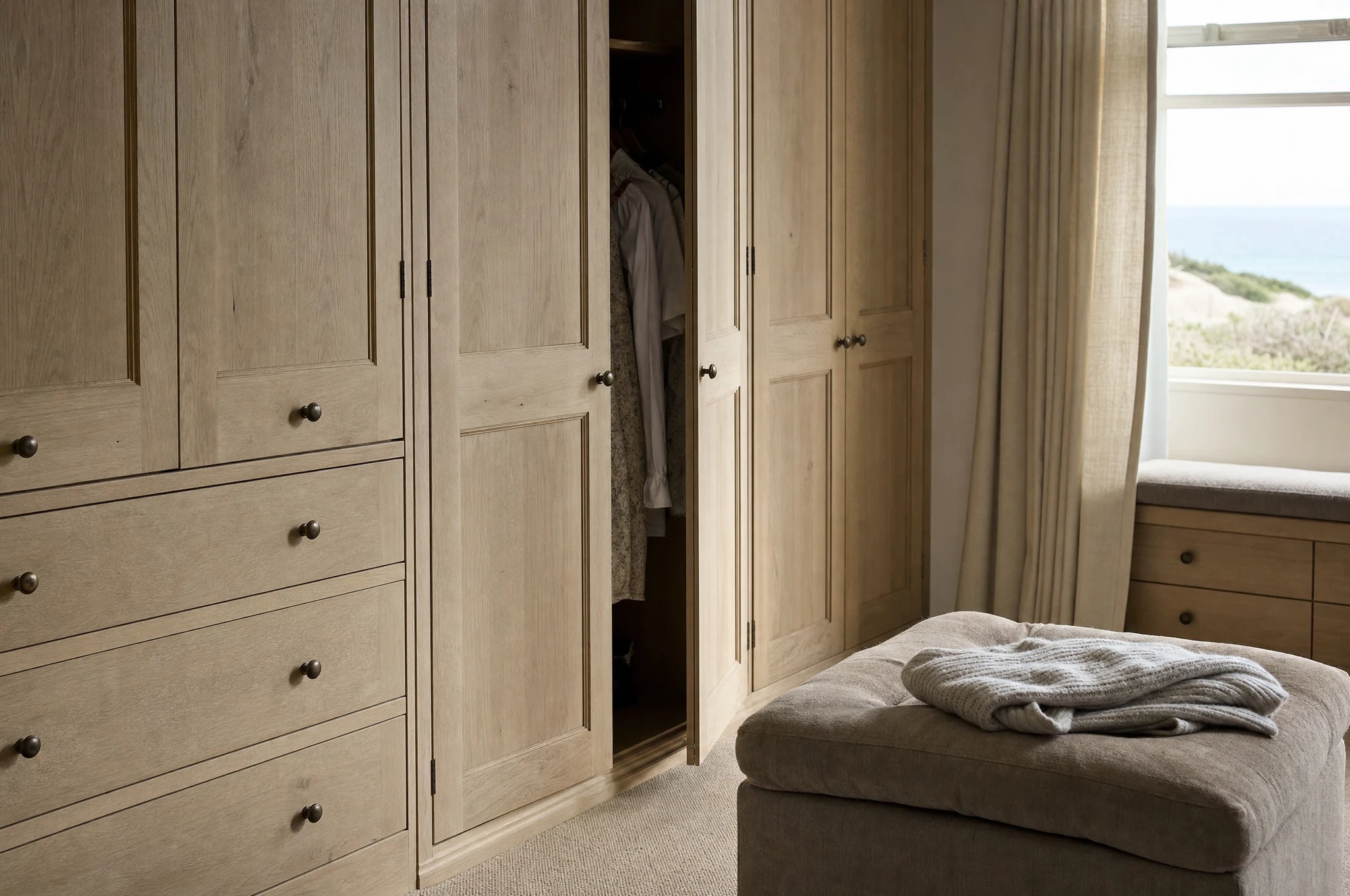 Limed oak fitted dressing room in a coastal villa — Reeve & Co design study
