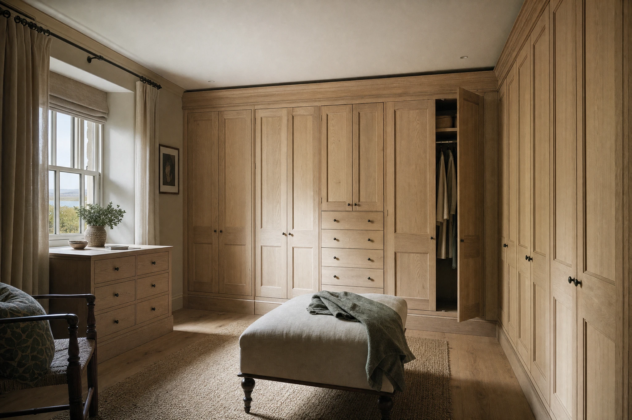 Limed oak fitted dressing room in a coastal villa — Reeve & Co design study