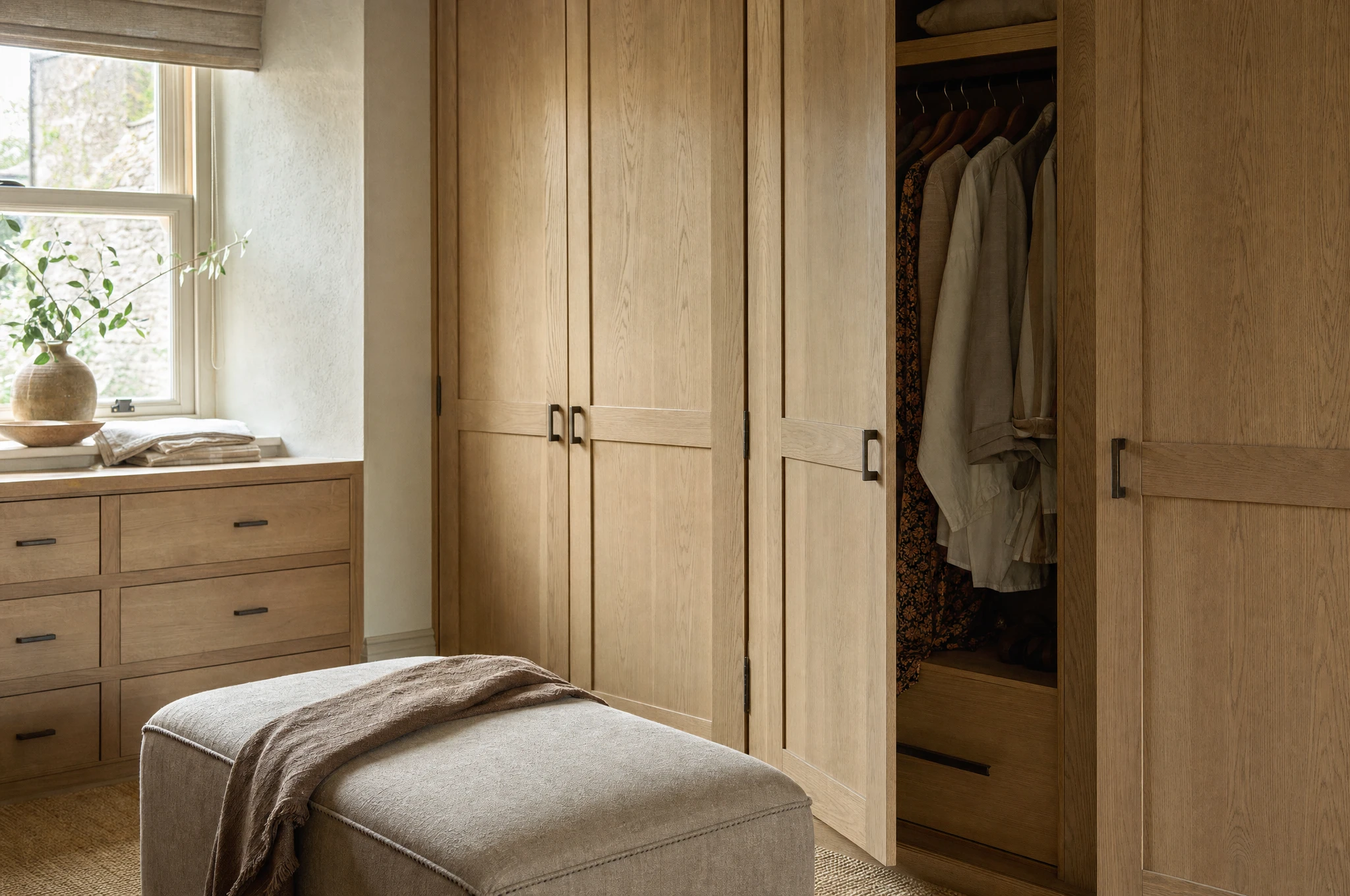 Limed oak fitted dressing room in a coastal villa — Reeve & Co design study