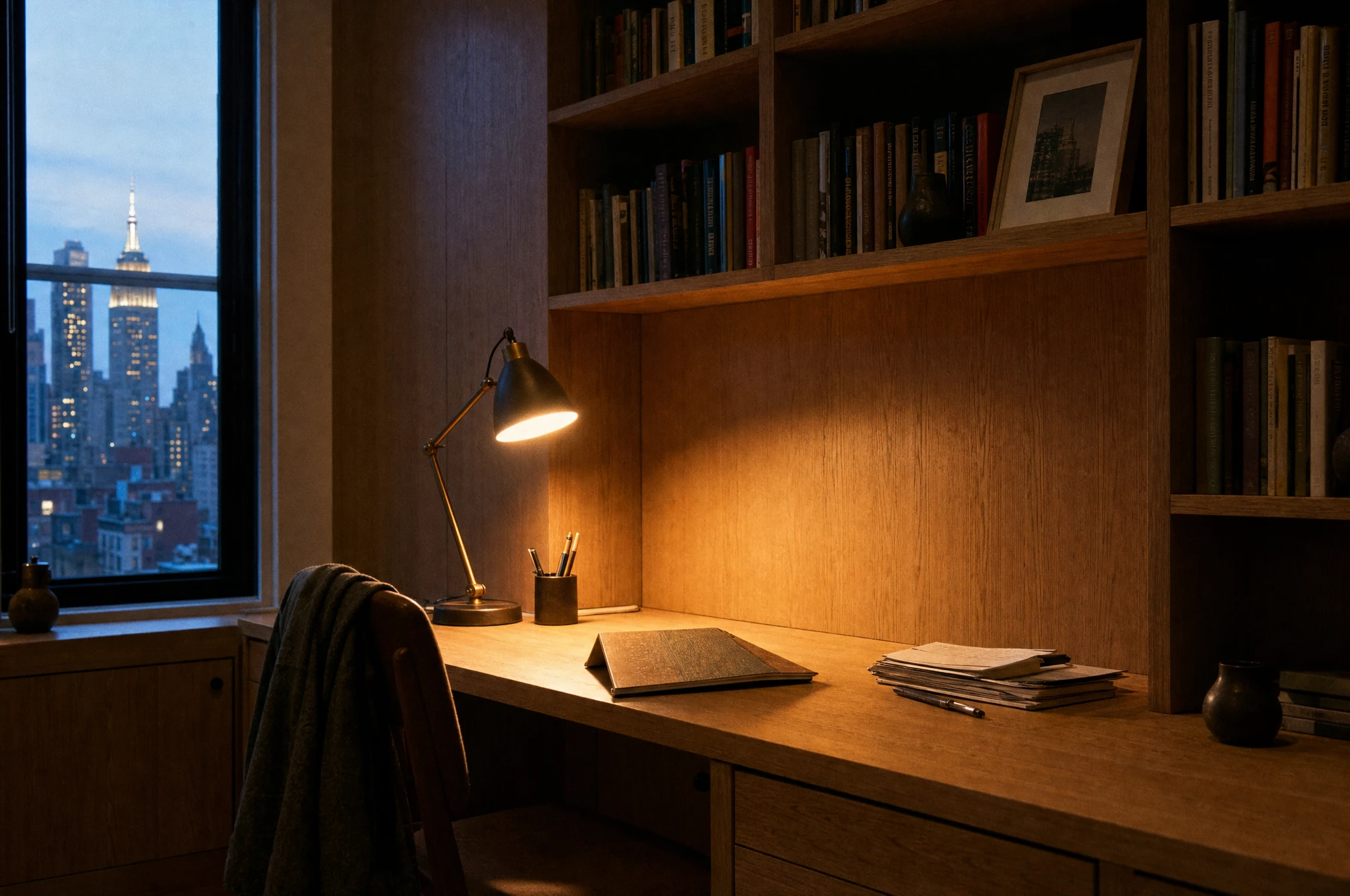 Fitted oak study joinery in a Manhattan apartment, city skyline beyond — Reeve & Co design study