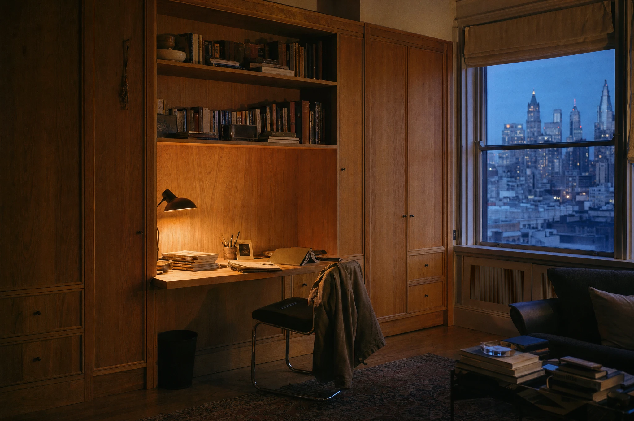 Fitted oak study joinery in a Manhattan apartment, city skyline beyond — Reeve & Co design study