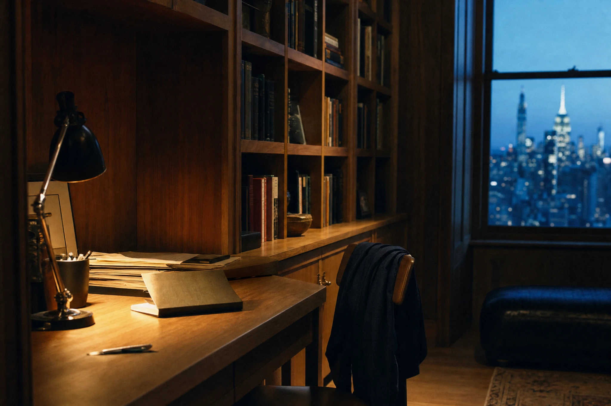 Fitted oak study joinery in a Manhattan apartment, city skyline beyond — Reeve & Co design study