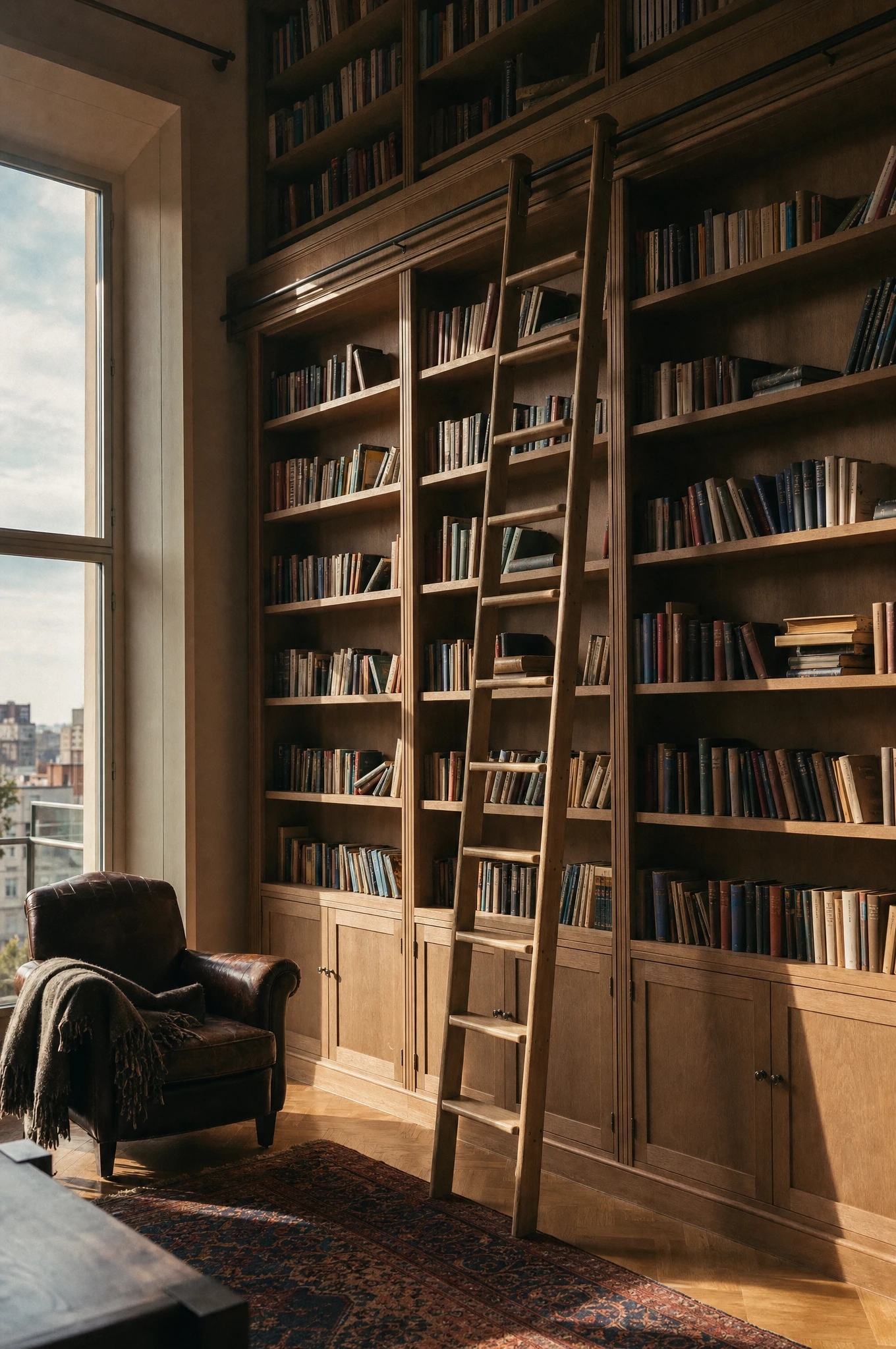 Double-height oak library with rolling ladder in a Manhattan penthouse — Reeve & Co design study