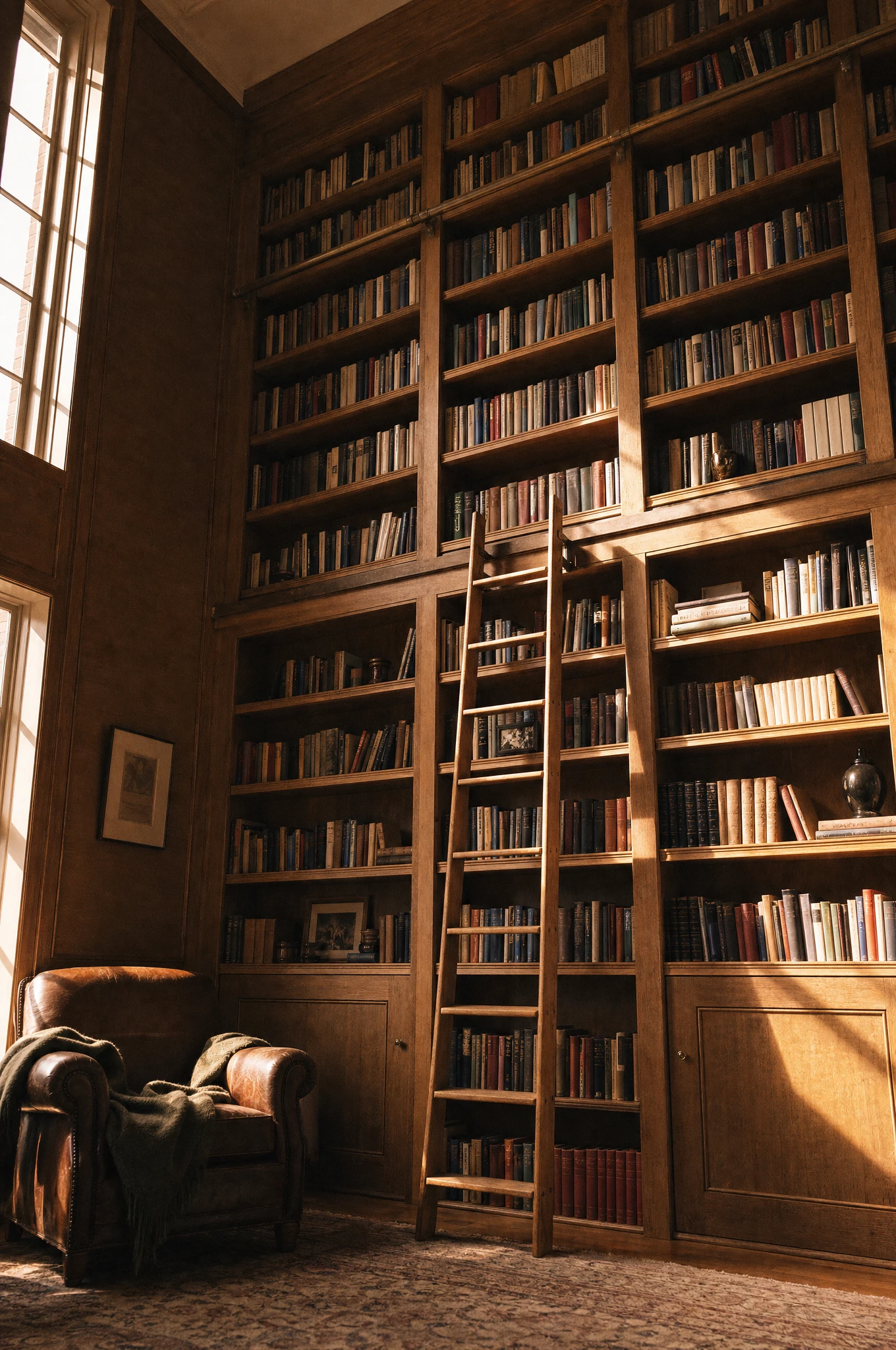 Double-height oak library with rolling ladder in a Manhattan penthouse — Reeve & Co design study