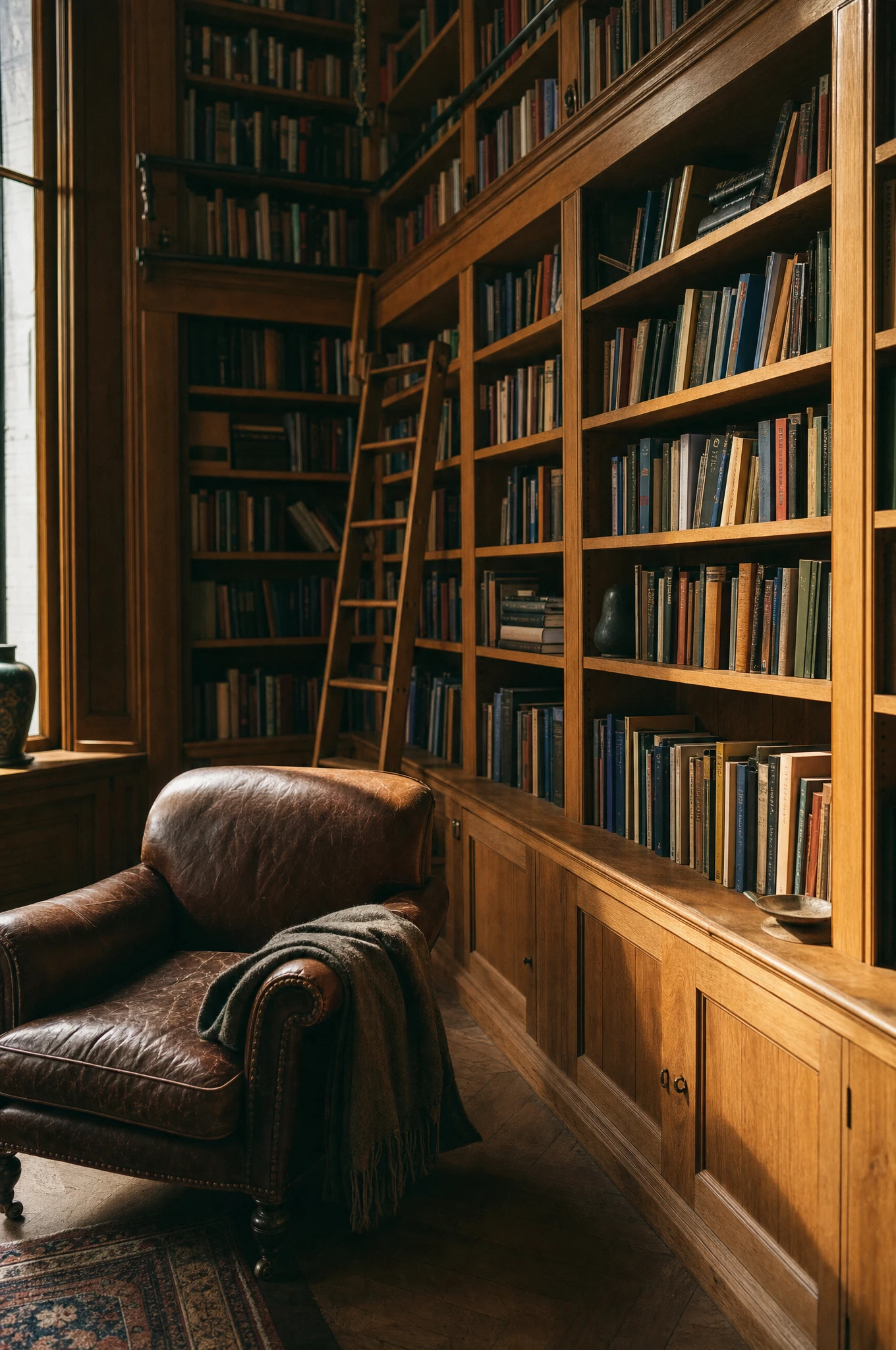 Double-height oak library with rolling ladder in a Manhattan penthouse — Reeve & Co design study