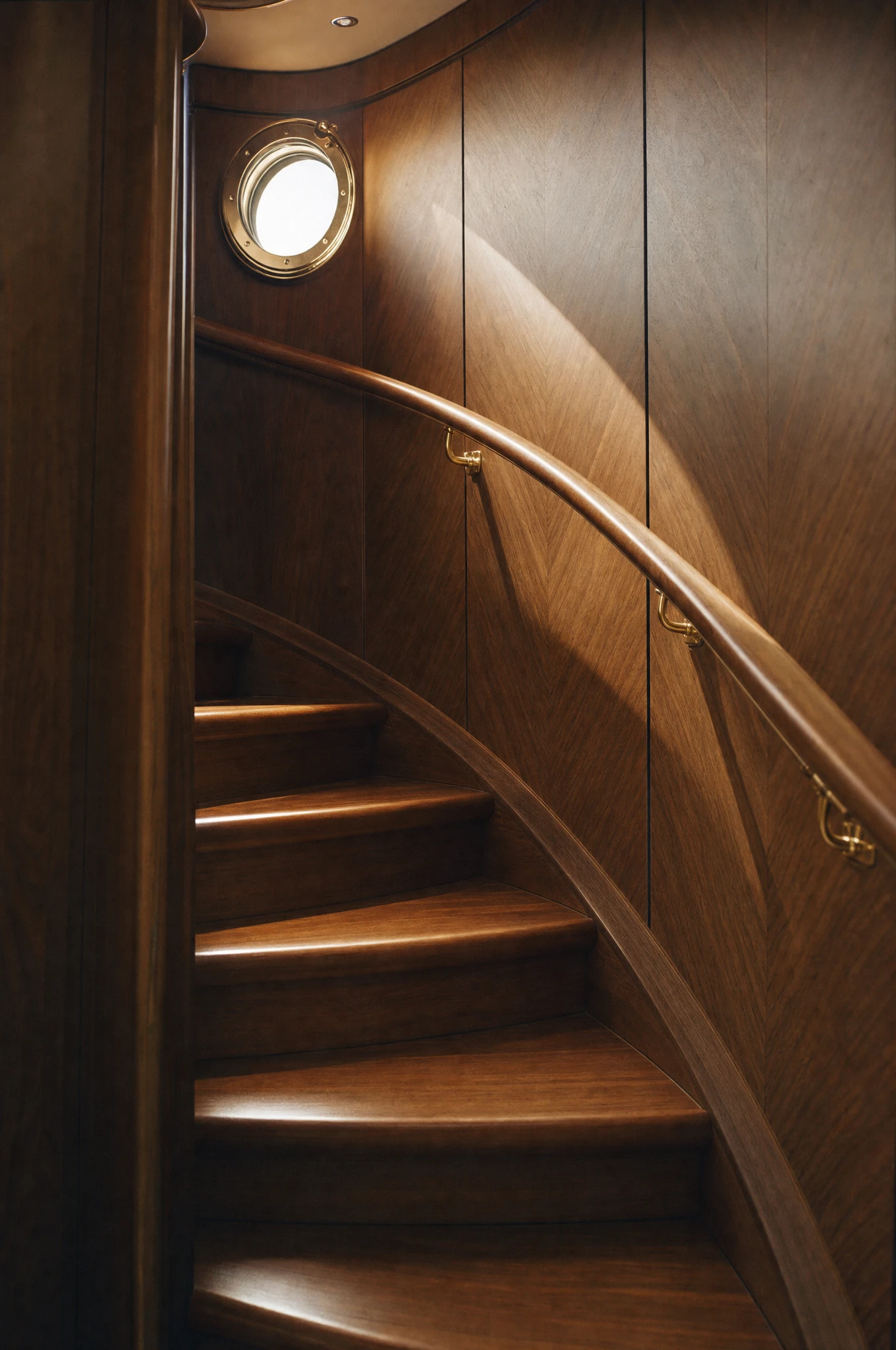 Curved bent-veneer staircase joinery aboard a superyacht — Reeve & Co design study