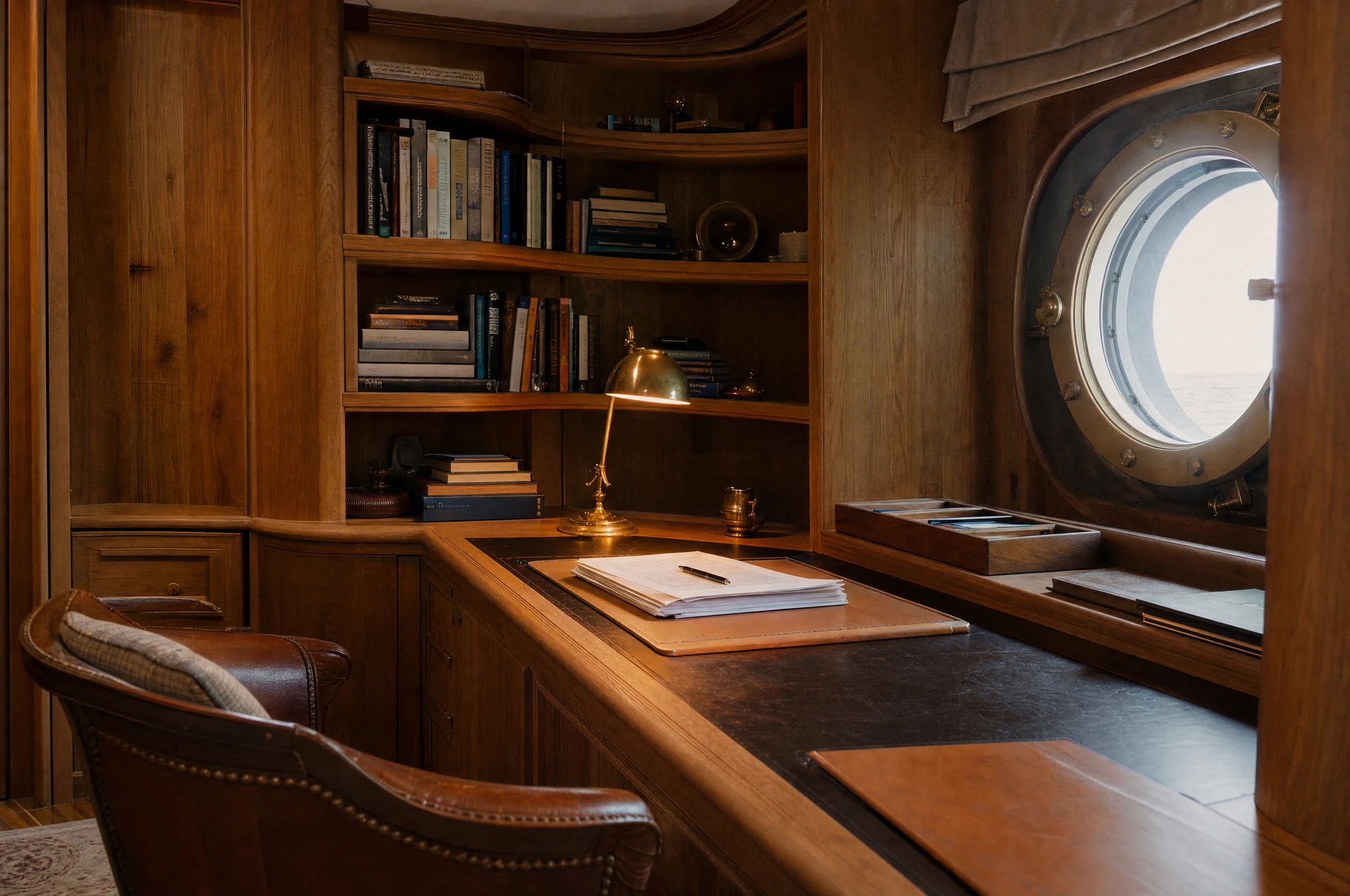 Fitted oak owner’s study aboard a superyacht — Reeve & Co design study