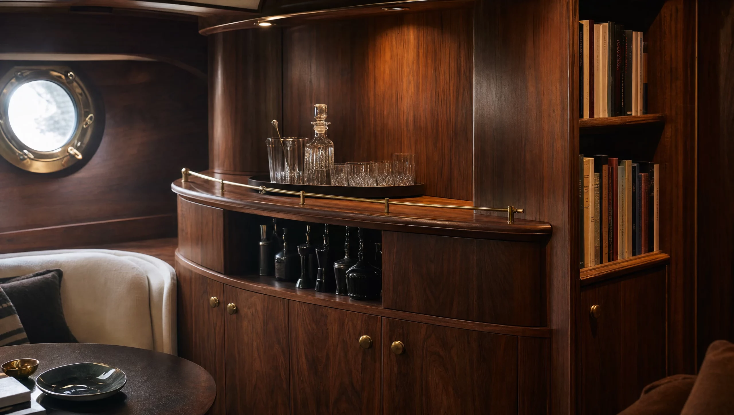 Curved walnut bar and library joinery in a superyacht saloon — Reeve & Co design study