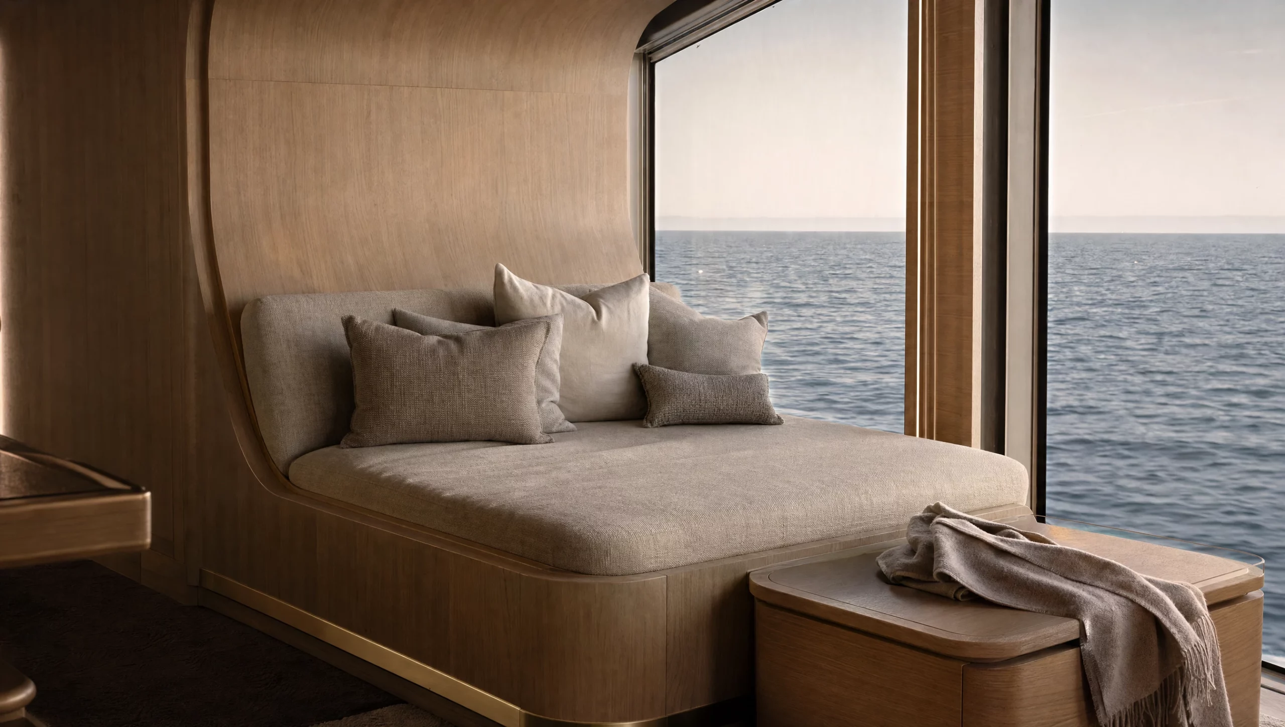 Fitted daybed nook in a superyacht skylounge — Reeve & Co design study